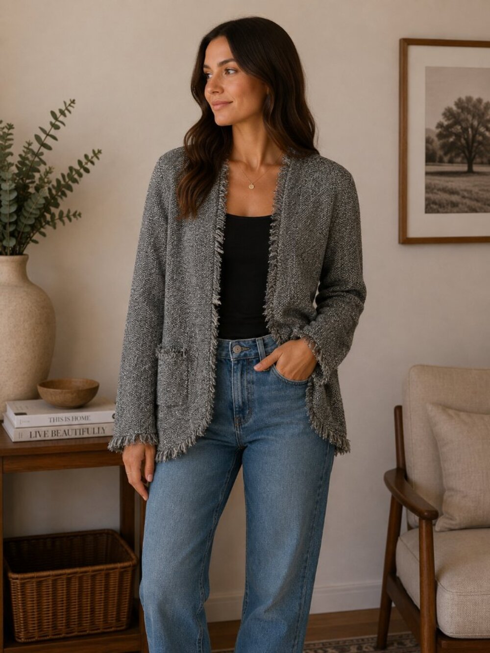 Zara Knit Fringe Trim Open Cardigan